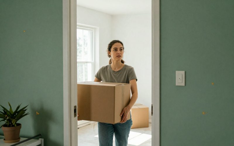Junge Frau trägt einen Umzugskarton durch die Tür in ihre erste eigene Wohnung